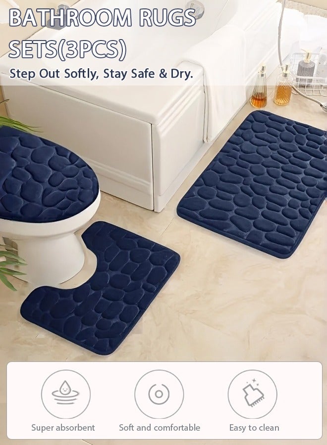 شو وو مجموعات سجاد الحمام 3 قطعة، حصاة رغوة الذاكرة الحمام الحصى مجموعة حصائر حمام سميكة جدا، غير قابلة للانزلاق للحمام، ماصة للماء، قابل للغسل سجاد حمام أزرق داكن للحوض والمرحاض والأرضية - Image 1